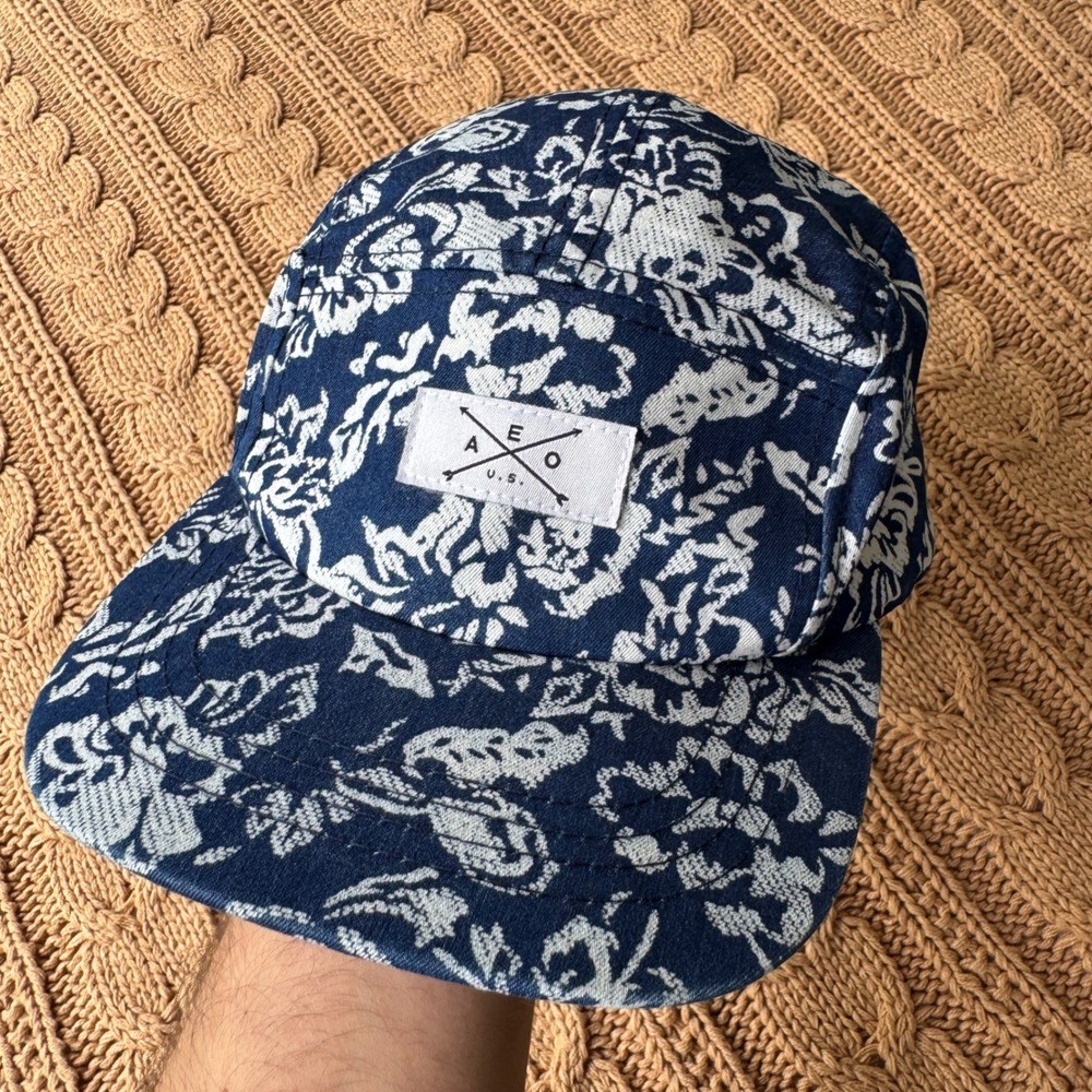 American Eagle 5 Panel Strapback Hat Blue White Floral Camp Cap Streetwear